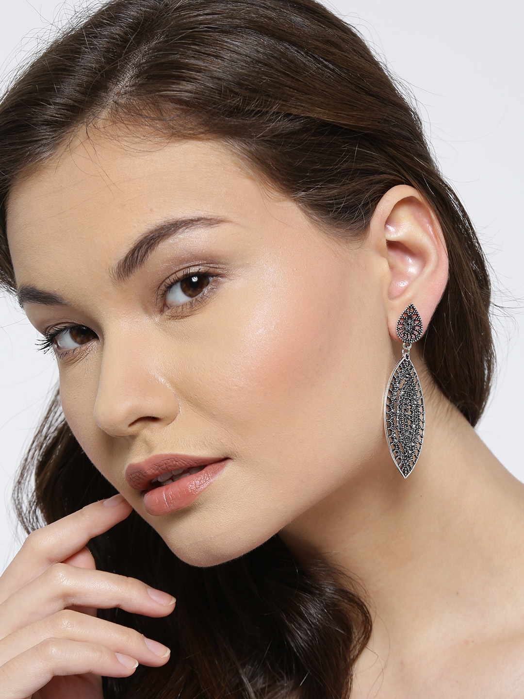 YouBella Grey Silver-Plated Teardrop Shaped Drop Earrings